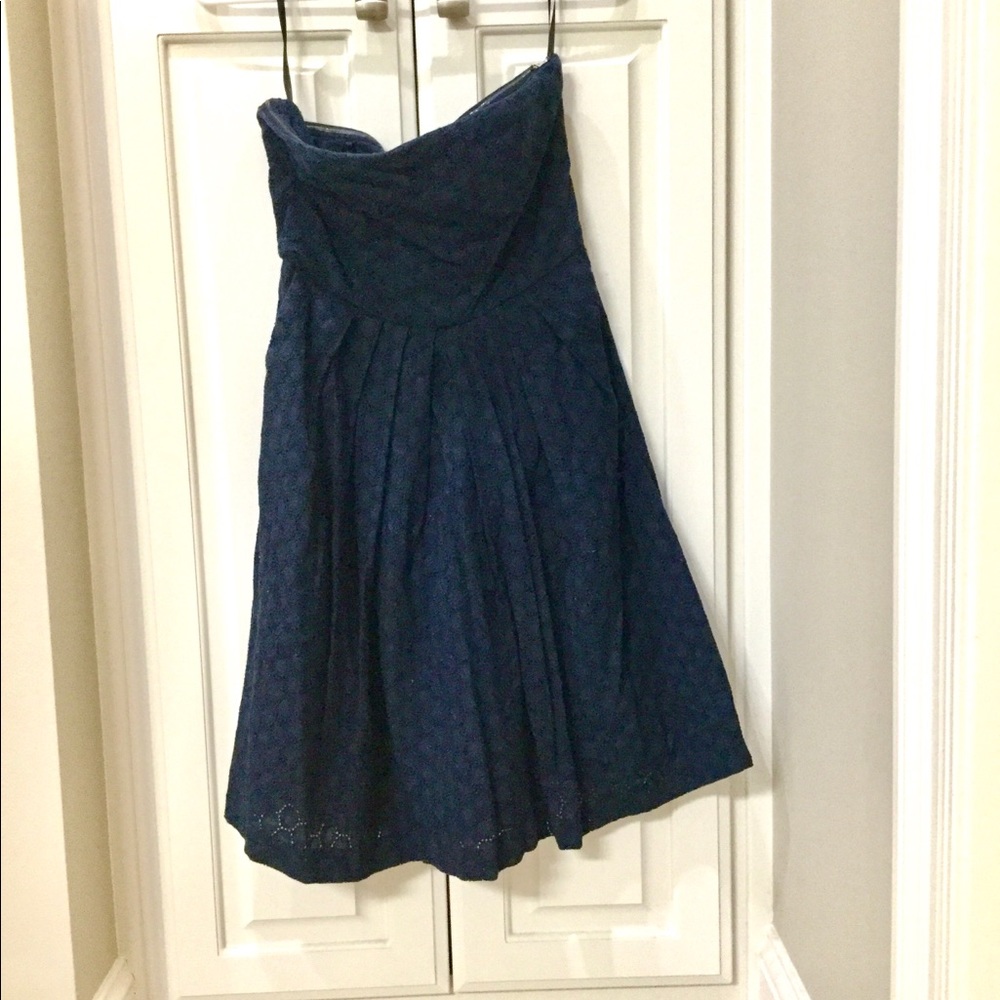 Strapless navy crochet dress